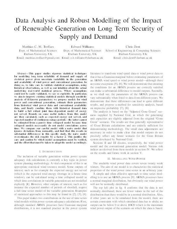 Data Analysis and Robust Modelling of the Impact of Renewable Generation on Long Term Security of Supply and Demand Thumbnail