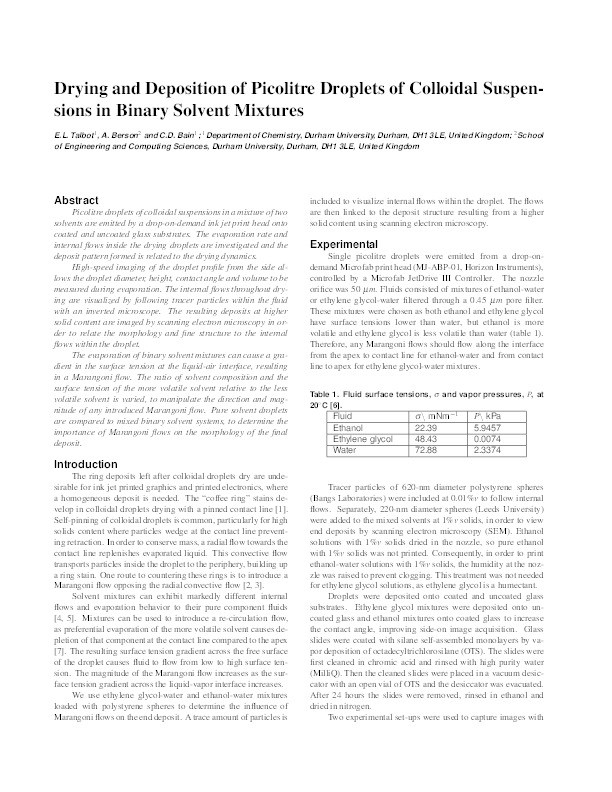 Drying and Deposition of Picolitre Droplets of Colloidal Suspensions in Binary Solvent Mixtures Thumbnail