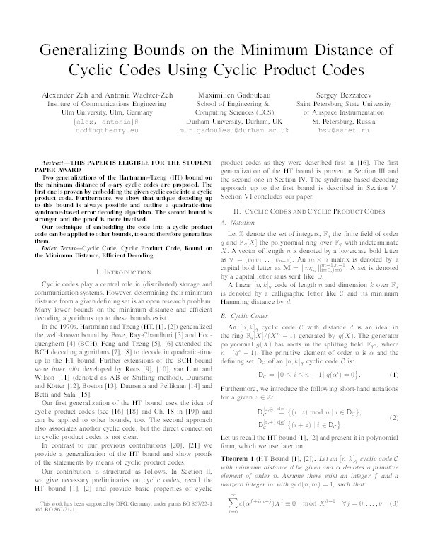 Generalizing Bounds on the Minimum Distance of Cyclic Codes Using Cyclic Product Codes Thumbnail