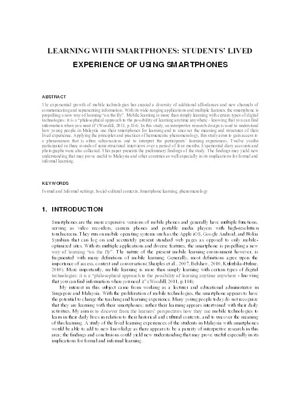 Learning with Smartphones: Students' Lived Experience of using Smartphones Thumbnail