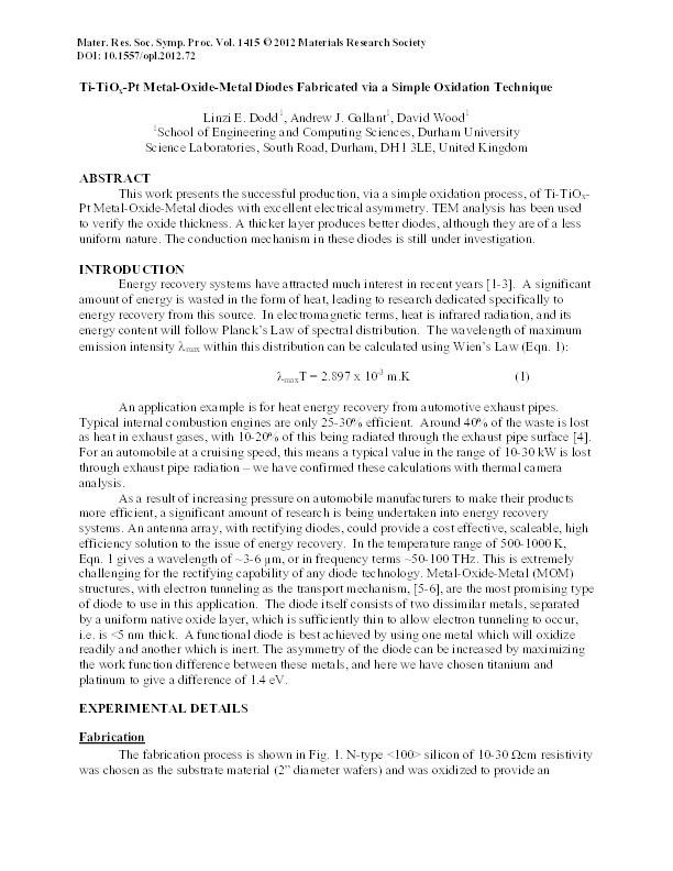 Ti-TiOx-Pt Metal-Oxide-Metal Diodes Fabricated via a Simple Oxidation Technique Thumbnail