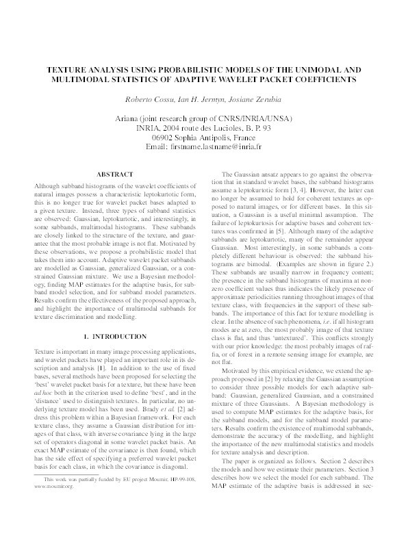 Texture Analysis Using Probabilistic Models of the Unimodal and Multimodal Statistics of Adaptive Wavelet Packet Coefficients Thumbnail