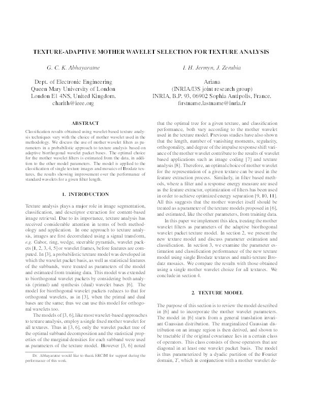 Texture-adaptive mother wavelet selection for texture analysis Thumbnail