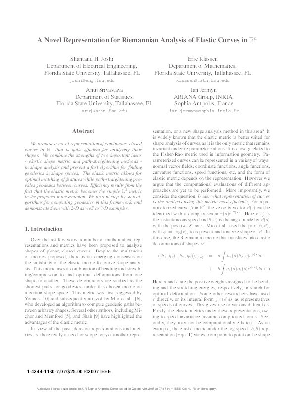 A Novel Representation for Riemannian Analysis of Elastic Curves in R^{n} Thumbnail