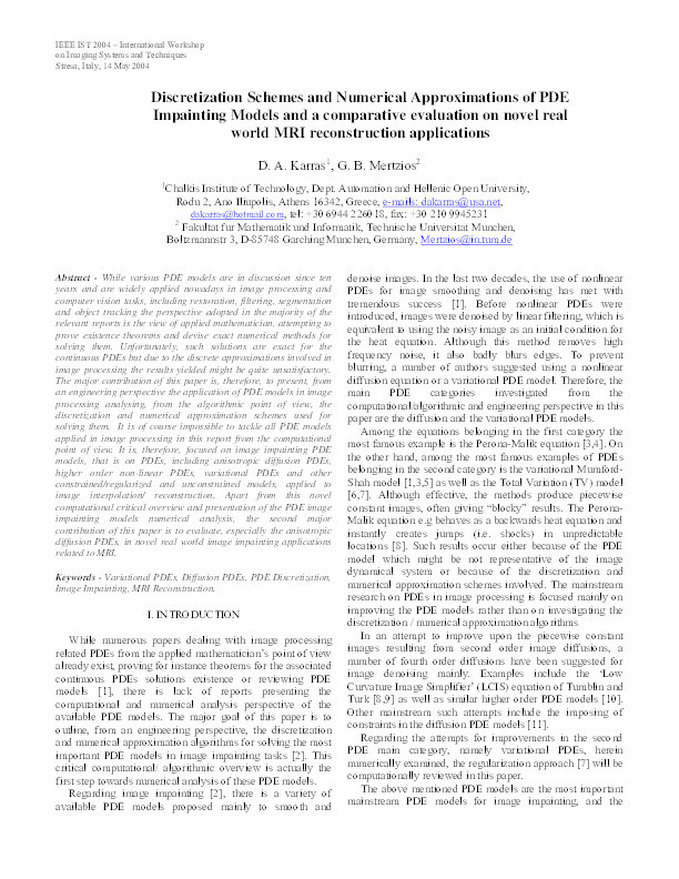 Discretization schemes and numerical approximations of PDE impainting models and a comparative evaluation on novel real world MRI reconstruction applications Thumbnail