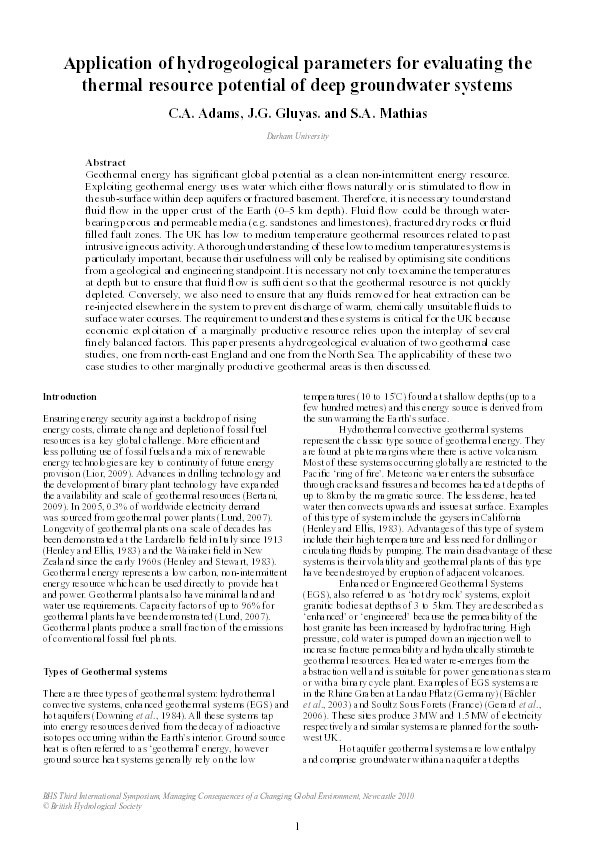 Application of Hydrogeological parameters for evaluating the thermal resource potential for deep groundwater systems Thumbnail