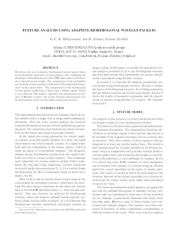 Texture Analysis Using Adaptive Biorthogonal Wavelet Packets Thumbnail