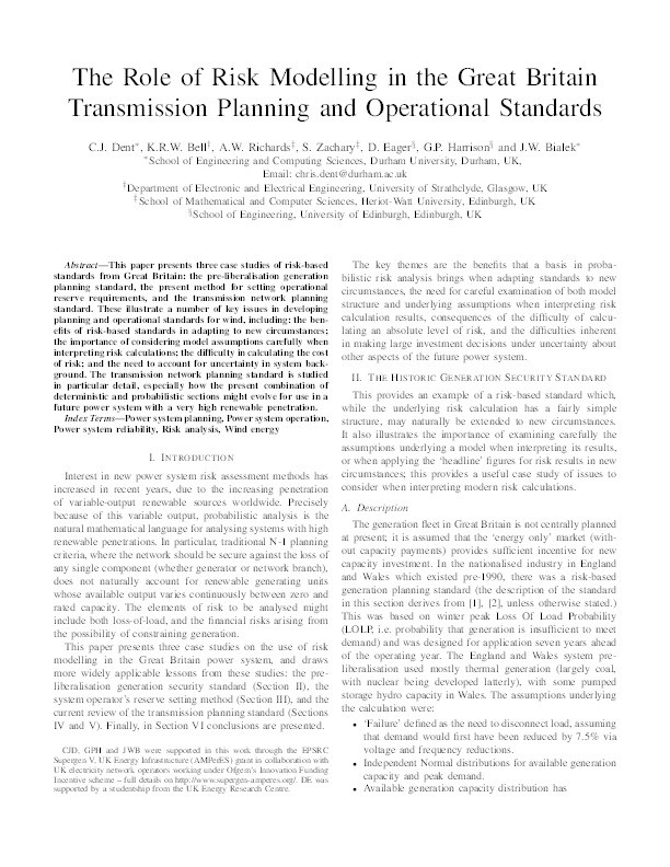 The role of risk modelling in the Great Britain transmission planning and operational standards Thumbnail