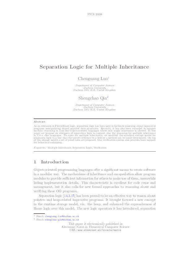 Separation Logic for Multiple Inheritance Thumbnail