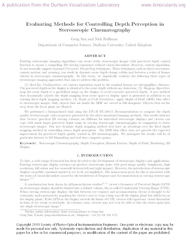 Evaluating methods for controlling depth perception in stereoscopic cinematography Thumbnail