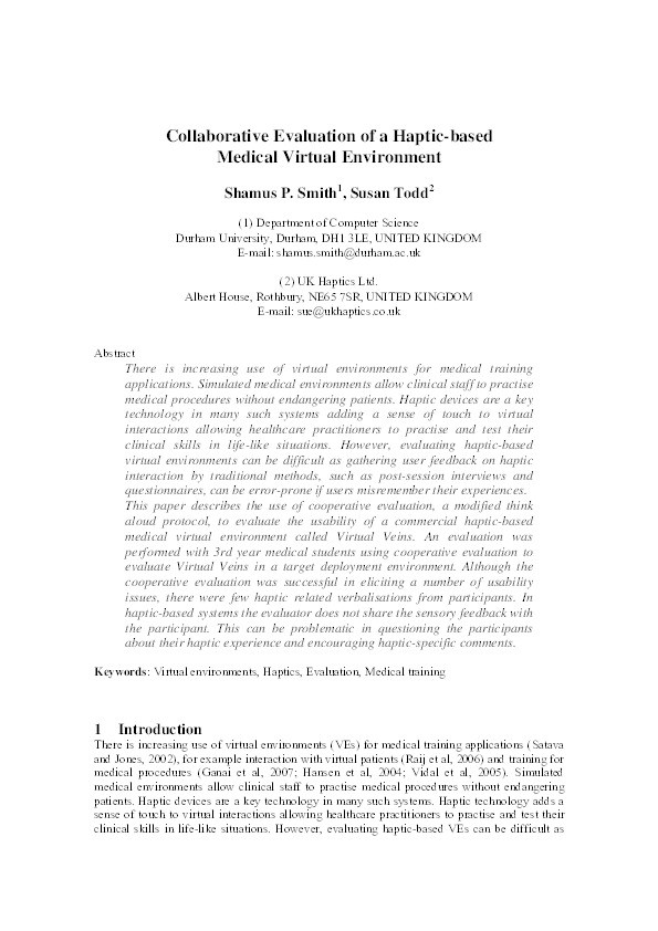 Collaborative evaluation of a haptic-based medical virtual environment Thumbnail