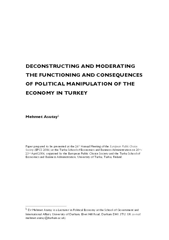 'Deconstructing and Moderating the Functioning and Consequences of Political Manipulation of the Economy in Turkey' Thumbnail
