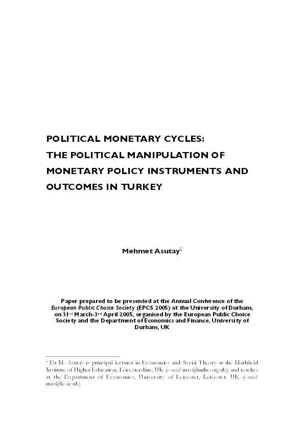 'Political Monetary Cycles: The Political Manipulation of Monetary Policy Instruments and Outcomes in Turkey' Thumbnail