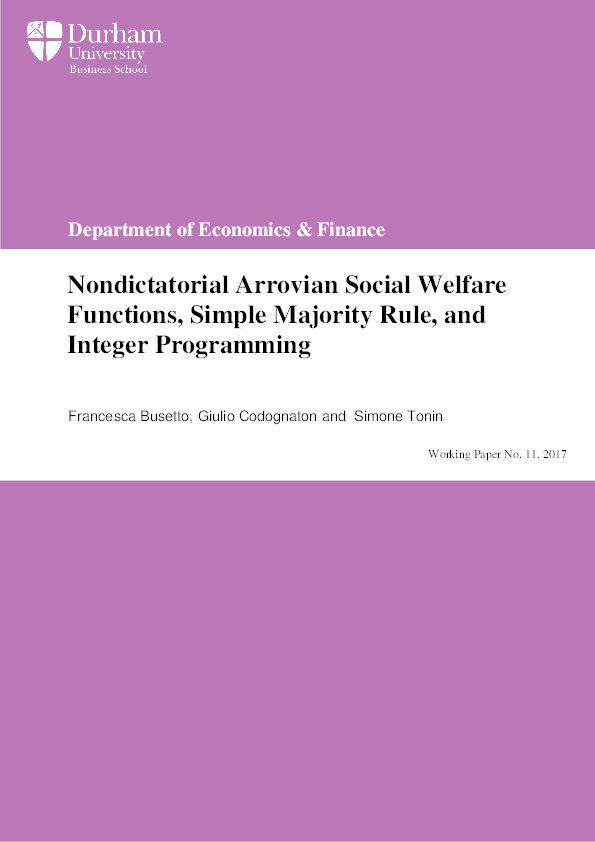 Nondictatorial Arrovian Social Welfare Functions, Simple Majority Rule, and Integer Programming Thumbnail