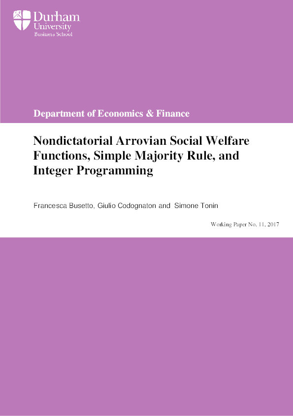 Nondictatorial Arrovian Social Welfare Functions, Simple Majority Rule, and Integer Programming Thumbnail