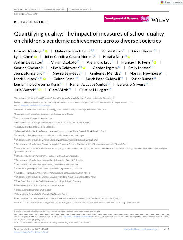 Quantifying quality: The impact of measures of school quality on children's academic achievement across diverse societies Thumbnail