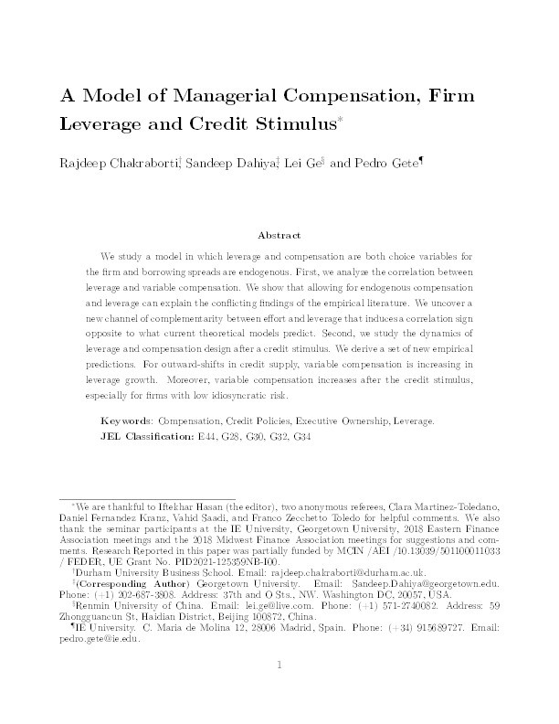 A model of managerial compensation, firm leverage and credit stimulus Thumbnail