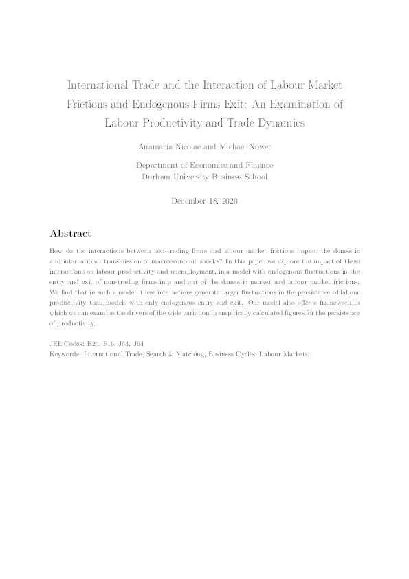 International Trade and the Interaction of Labour Market Frictions and Endogenous Firms Exit: An Examination of Labour Productivity and Trade Dynamics Thumbnail