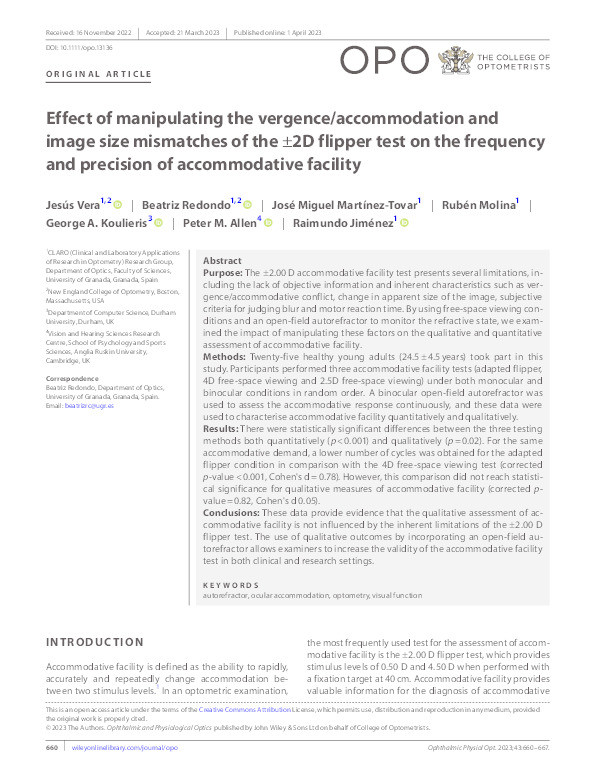Effect of manipulating the vergence/accommodation and image size mismatches of the ±2D flipper test on the frequency and precision of accommodative facility Thumbnail