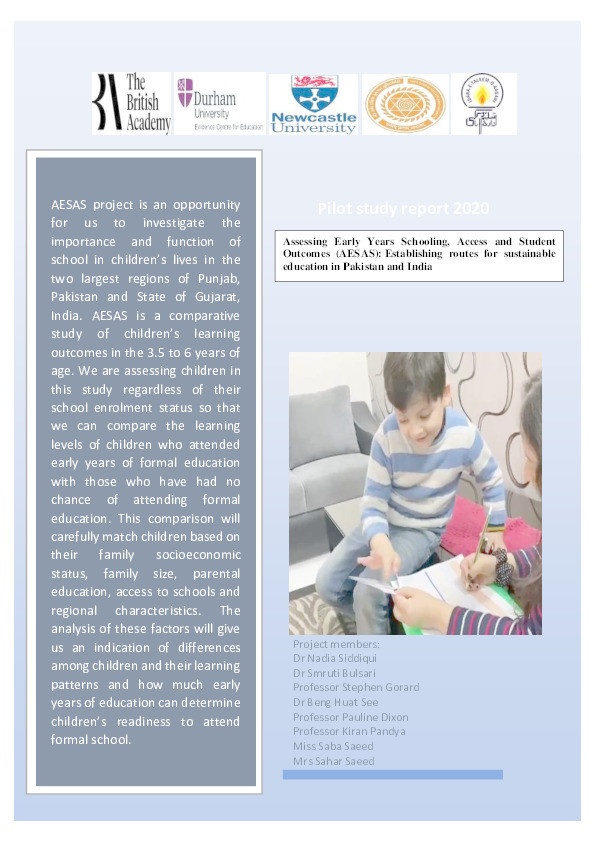 Pilot study report 2020 : Assessing Early Years Schooling, Access and Student Outcomes (AESAS): Establishing routes for sustainable education in Pakistan and India Thumbnail