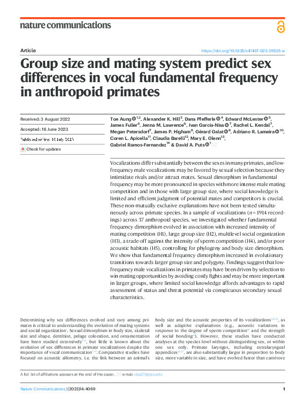 Group size and mating system predict sex differences in vocal fundamental frequency in anthropoid primates Thumbnail