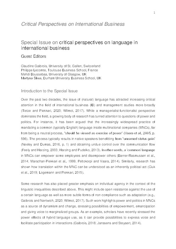 Guest editorial: Introduction – critical perspectives on language in international business Thumbnail