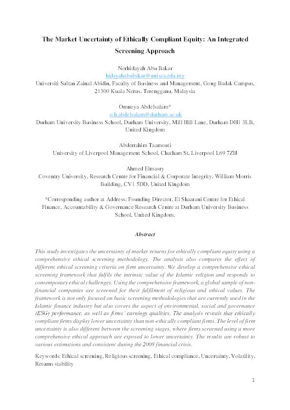 The market uncertainty of ethically compliant equity: An integrated screening approach Thumbnail