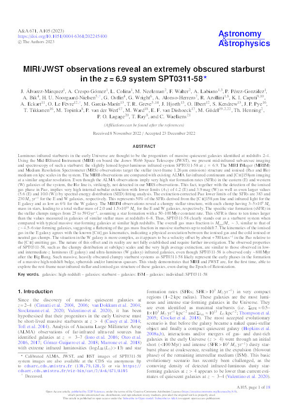 MIRI/JWST observations reveal an extremely obscured starburst in the z = 6.9 system SPT0311-58 Thumbnail