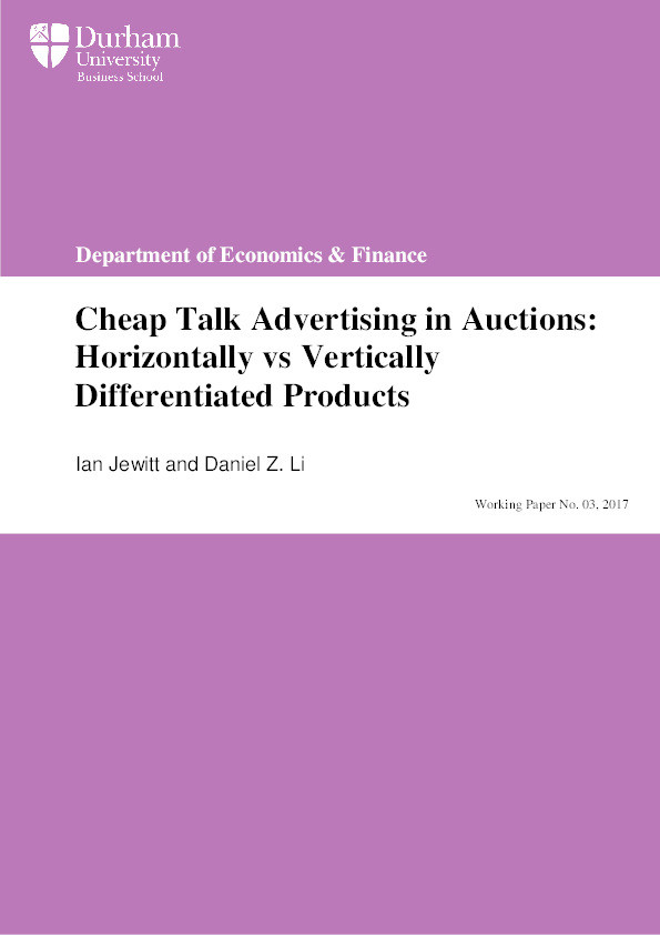 Cheap talk advertising in auctions : horizontally vs vertically differentiated products Thumbnail