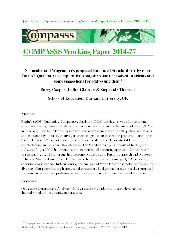 Schneider and Wagemann's proposed Enhanced Standard Analysis for Ragin's Qualitative Comparative Analysis: Some unresolved problems and some suggestions for addressing them. COMPASSS Working Paper 2014-77 Thumbnail