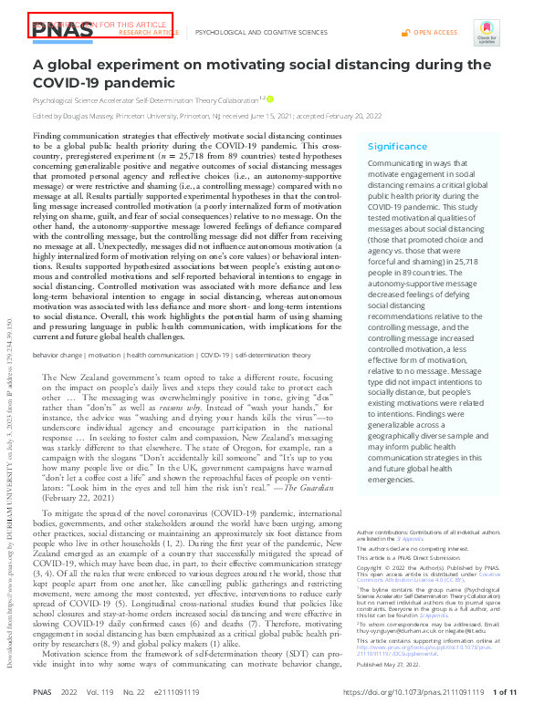 A global experiment on motivating social distancing during the COVID-19 pandemic Thumbnail