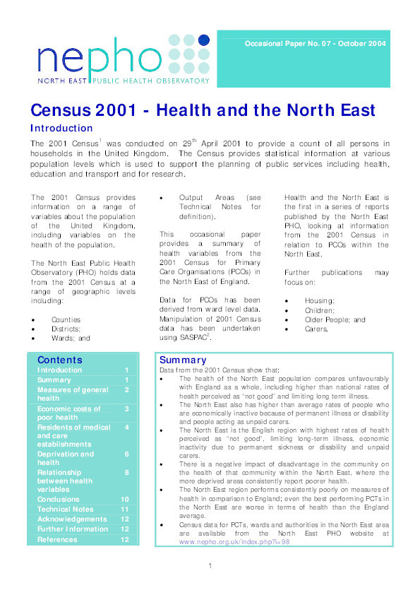 Census 2001 - Health and the North East Thumbnail