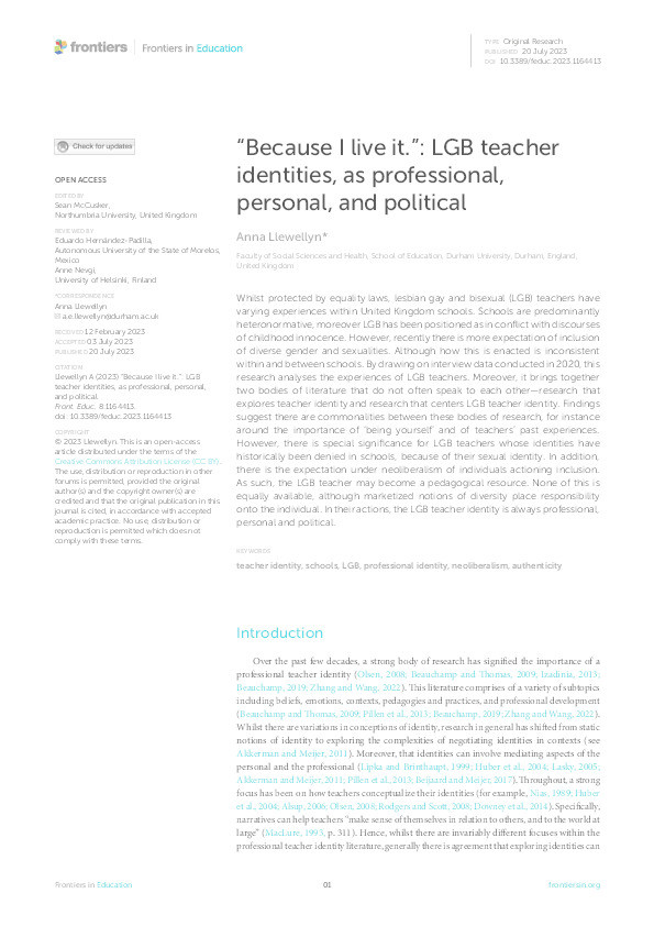 “Because I live it.”: LGB teacher identities, as professional, personal, and political Thumbnail