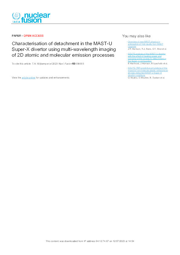 Characterisation of detachment in the MAST-U Super-X divertor using multi-wavelength imaging of 2D atomic and molecular emission processes Thumbnail