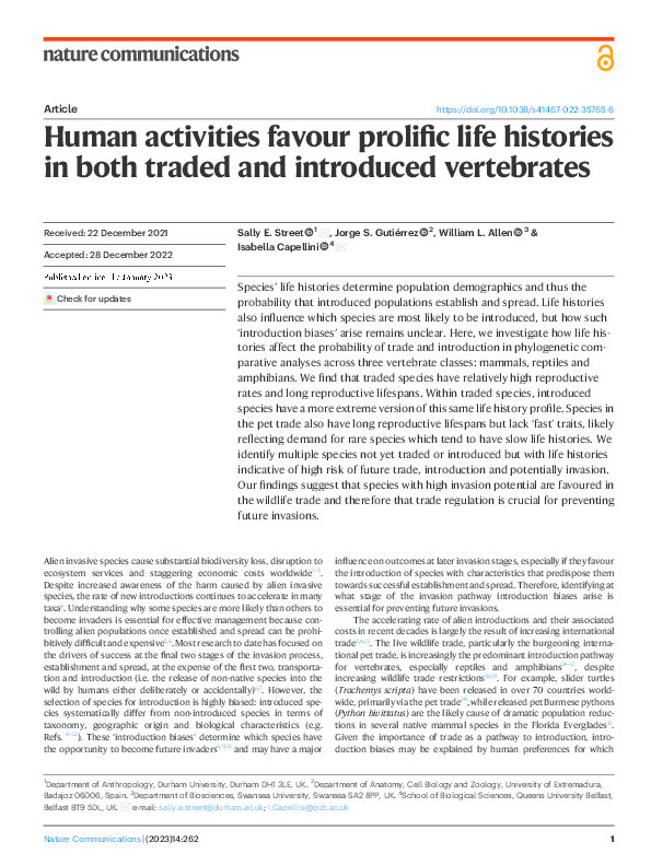 Human activities favour prolific life histories in both traded and introduced vertebrates Thumbnail