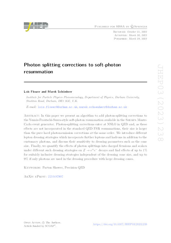 Photon splitting corrections to soft-photon resummation Thumbnail