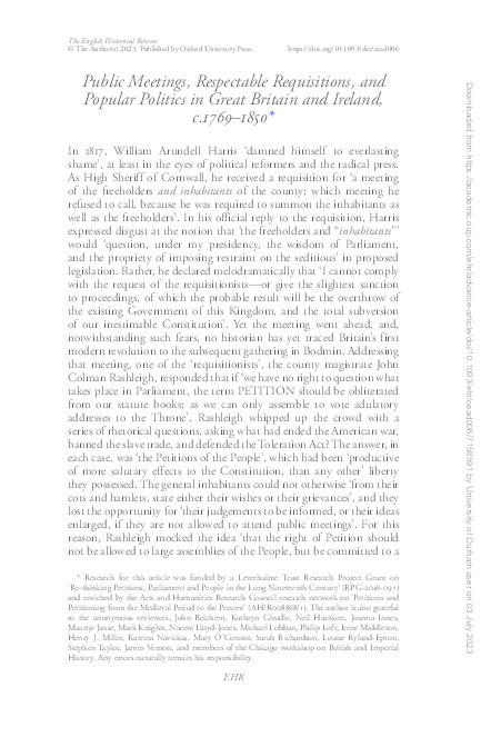 Public Meetings, Respectable Requisitions, and Popular Politics in Great Britain and Ireland, c.1769–1850 Thumbnail