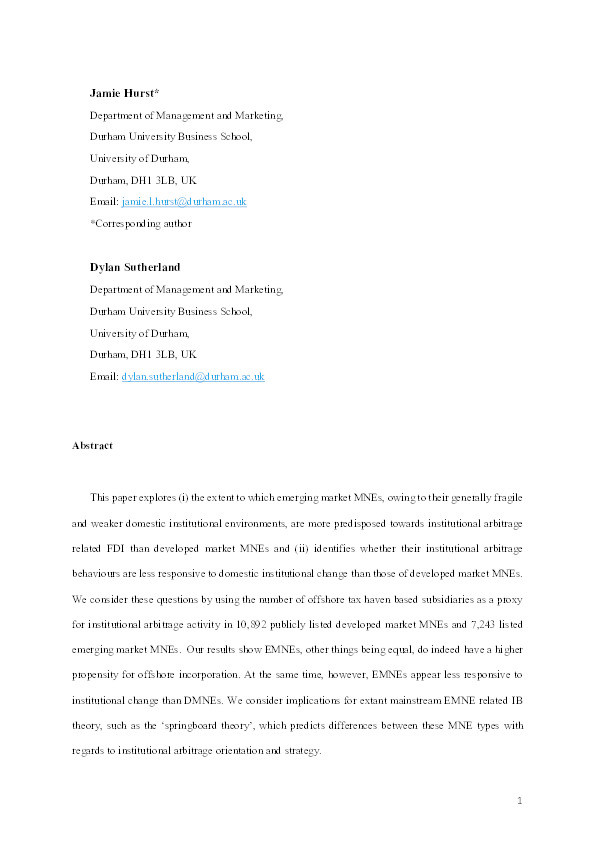 A comparative Analysis of Institutional Arbitrage Strategies in Emerging and Developed Market MNEs: exploring tax haven subsidiary incorporation Thumbnail