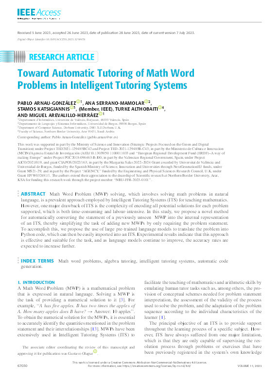 Toward Automatic Tutoring of Math Word Problems in Intelligent Tutoring Systems Thumbnail