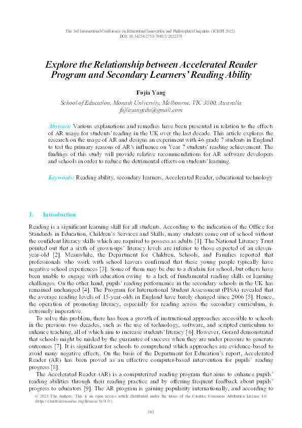 Explore the Relationship between Accelerated Reader Program and Secondary Learners Reading Ability Thumbnail