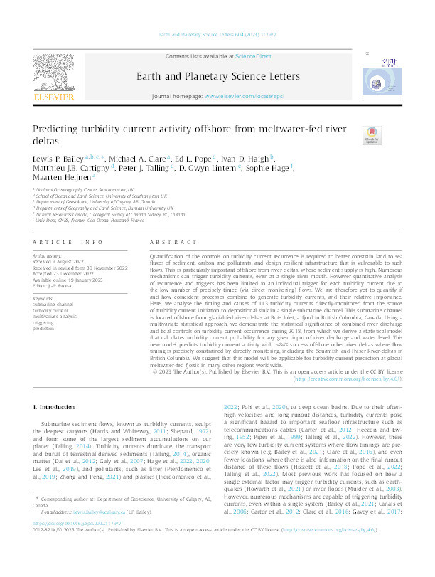 Predicting turbidity current activity offshore from meltwater-fed river deltas Thumbnail