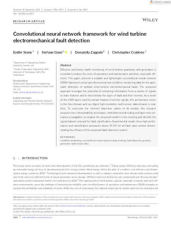 Convolutional neural network framework for wind turbine electromechanical fault detection Thumbnail