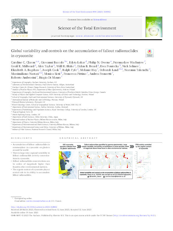 Global variability and controls on the accumulation of fallout radionuclides in cryoconite Thumbnail