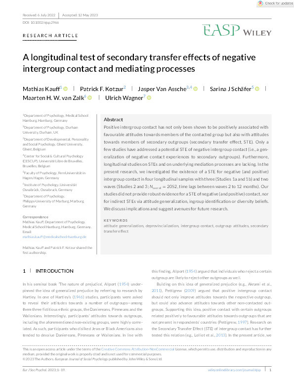 A longitudinal test of secondary transfer effects of negative intergroup contact and mediating processes Thumbnail