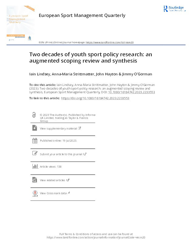 Two decades of youth sport policy research: A augmented scoping review and synthesis Thumbnail