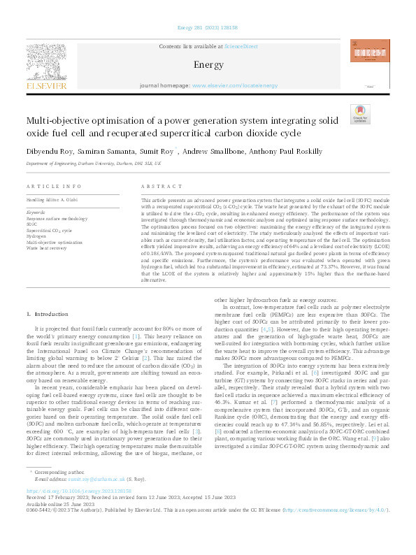 Multi-objective optimisation of a power generation system integrating solid oxide fuel cell and recuperated supercritical carbon dioxide cycle Thumbnail