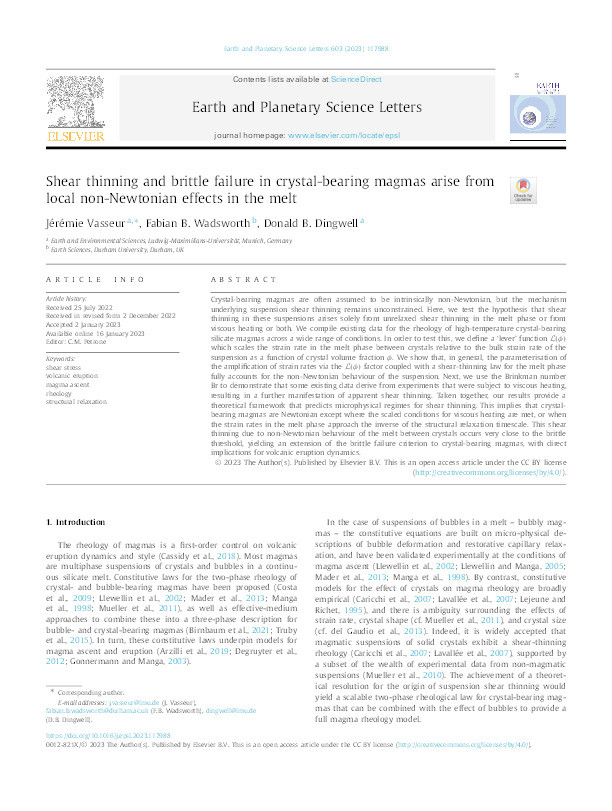 Shear thinning and brittle failure in crystal-bearing magmas arise from local non-Newtonian effects in the melt Thumbnail