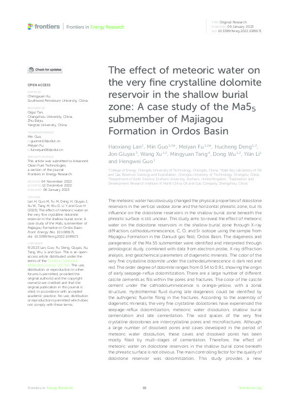 The effect of meteoric water on the very fine crystalline dolomite reservoir in the shallow burial zone: A case study of the Ma55 submember of Majiagou Formation in Ordos Basin Thumbnail