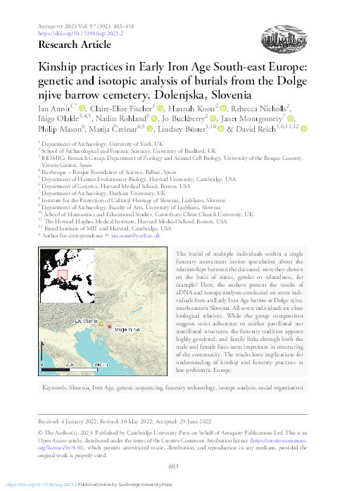 Kinship practices in Early Iron Age South-east Europe: genetic and isotopic analysis of burials from the Dolge njive barrow cemetery, Dolenjska, Slovenia Thumbnail