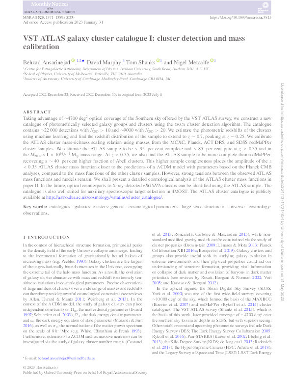 VST ATLAS galaxy cluster catalogue I: cluster detection and mass calibration Thumbnail